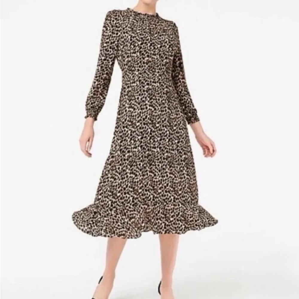 J.‎ Crew Women's Leopard Print Ruffle Neck Midi Dress Size 0 Brown